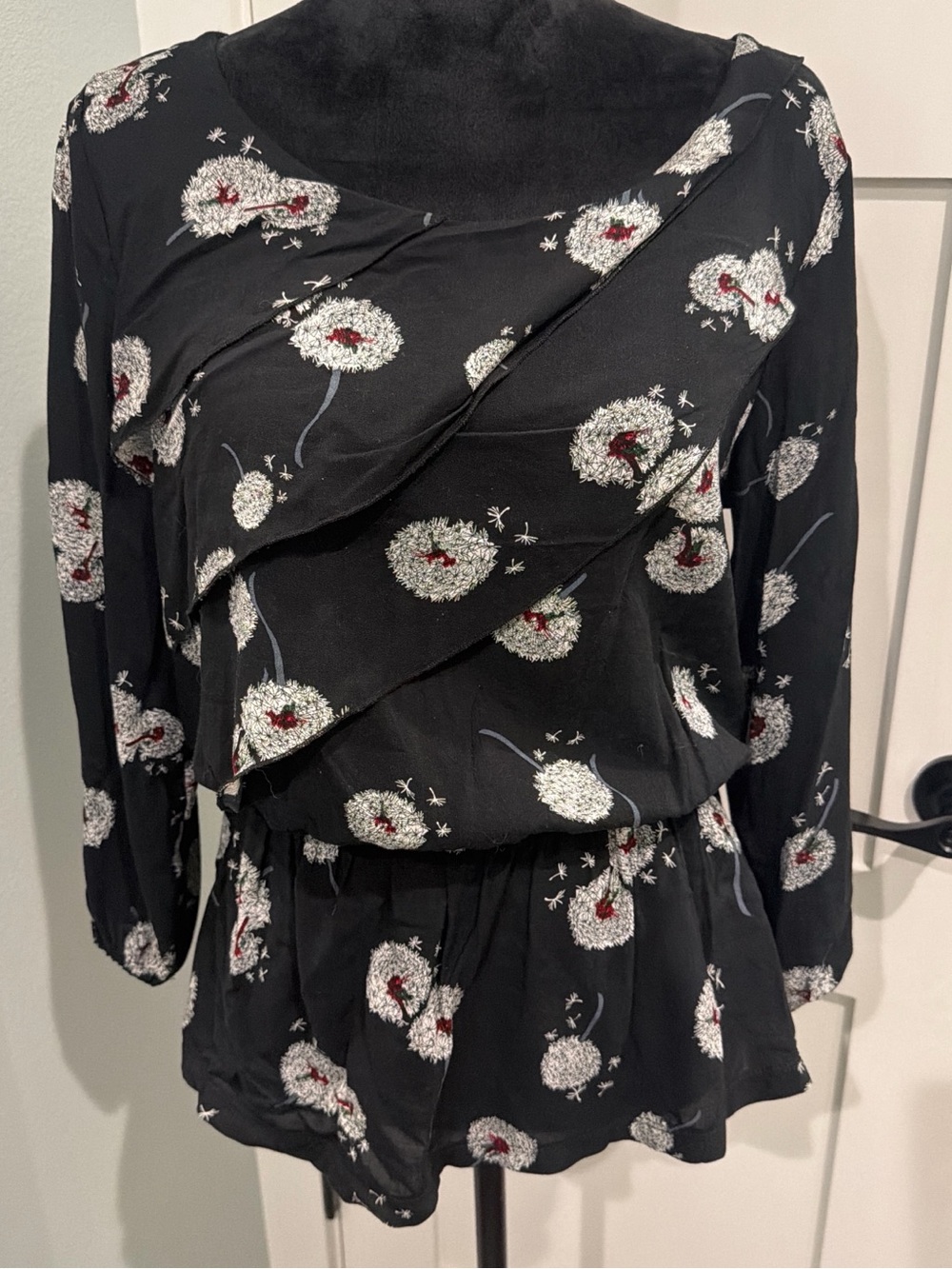 Deletta Black Floral Dandelion Print Ruffle Peplum Blouse Layered Cascading M